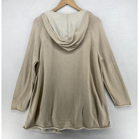 EILEEN FISHER Sweater L Organic Cotton Duster Cardigan Hoodie Open Front Beige - Picture 4 of 11